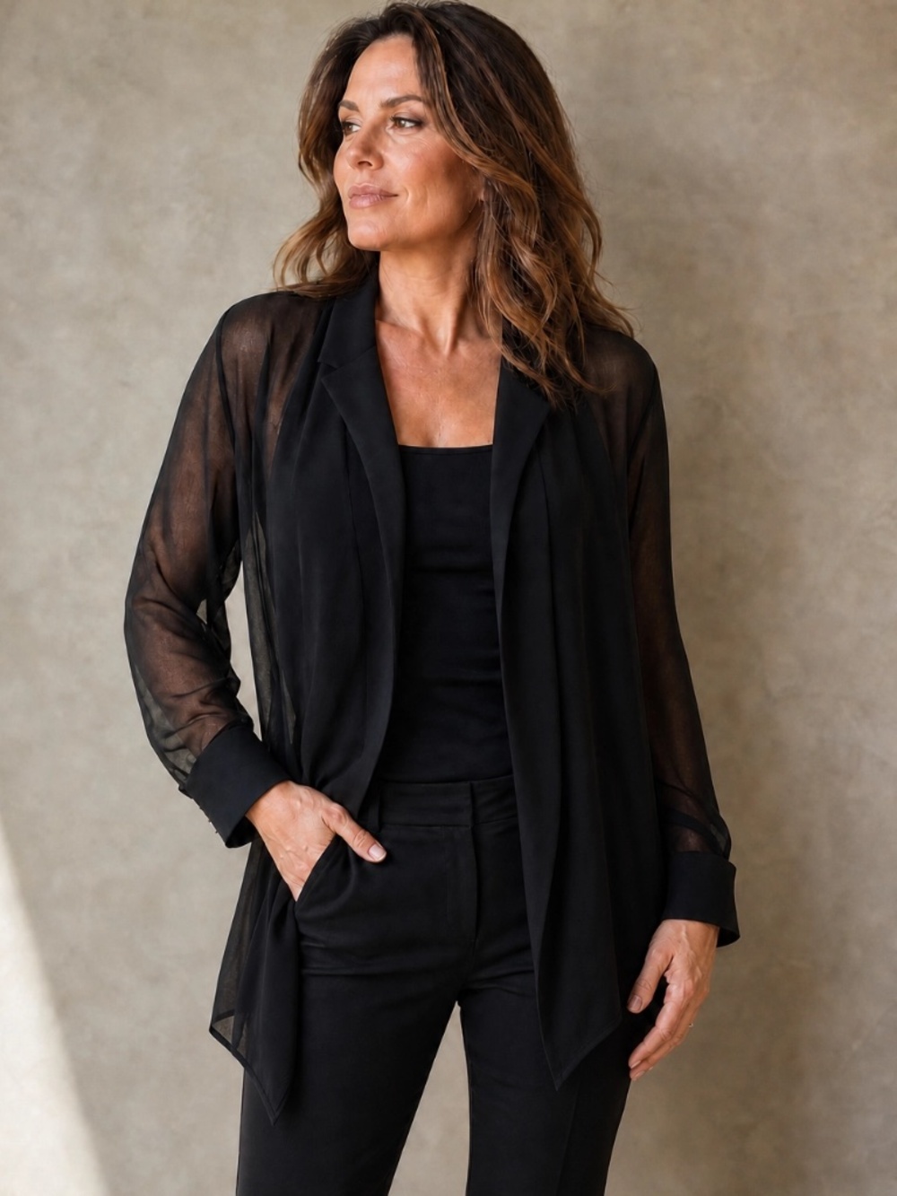 Marla Wynne Black Chiffon Open Front Topper Blouse L NWOT Dolman Sleeve